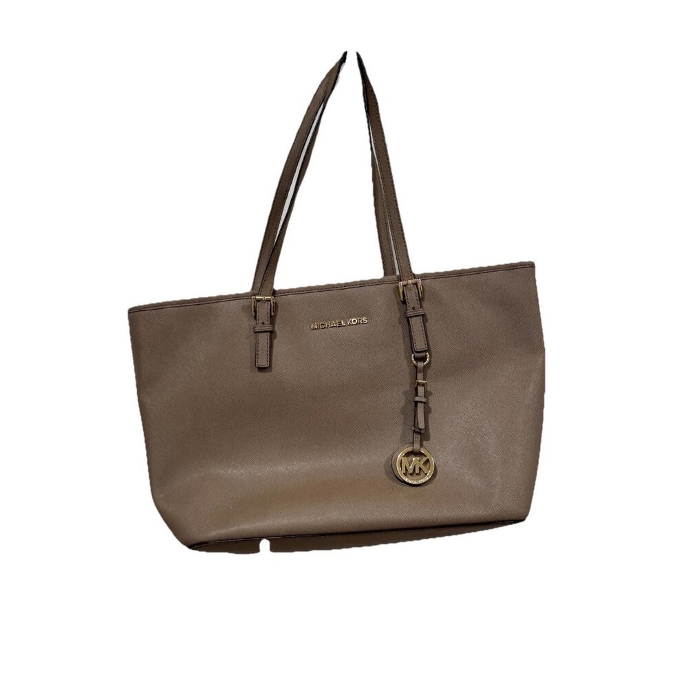 MICHAEL KORS Taupe Leather Jet Set Tote Bag Purse Vacation Brunch Spring‎ Summer - Picture 2 of 15
